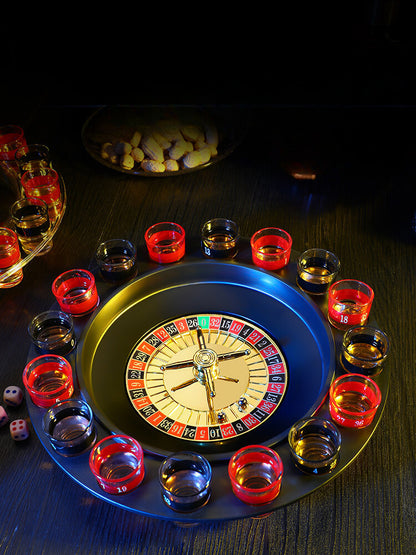 Juego de ruleta para beber con 16 vasos de shot y copas de vino, ideal para fiestas y reuniones.